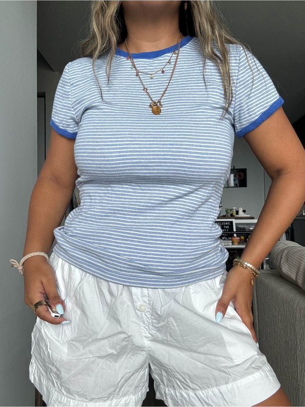 GAP Light Blue & White Striped Ringer Tee with Royal Blue Trim